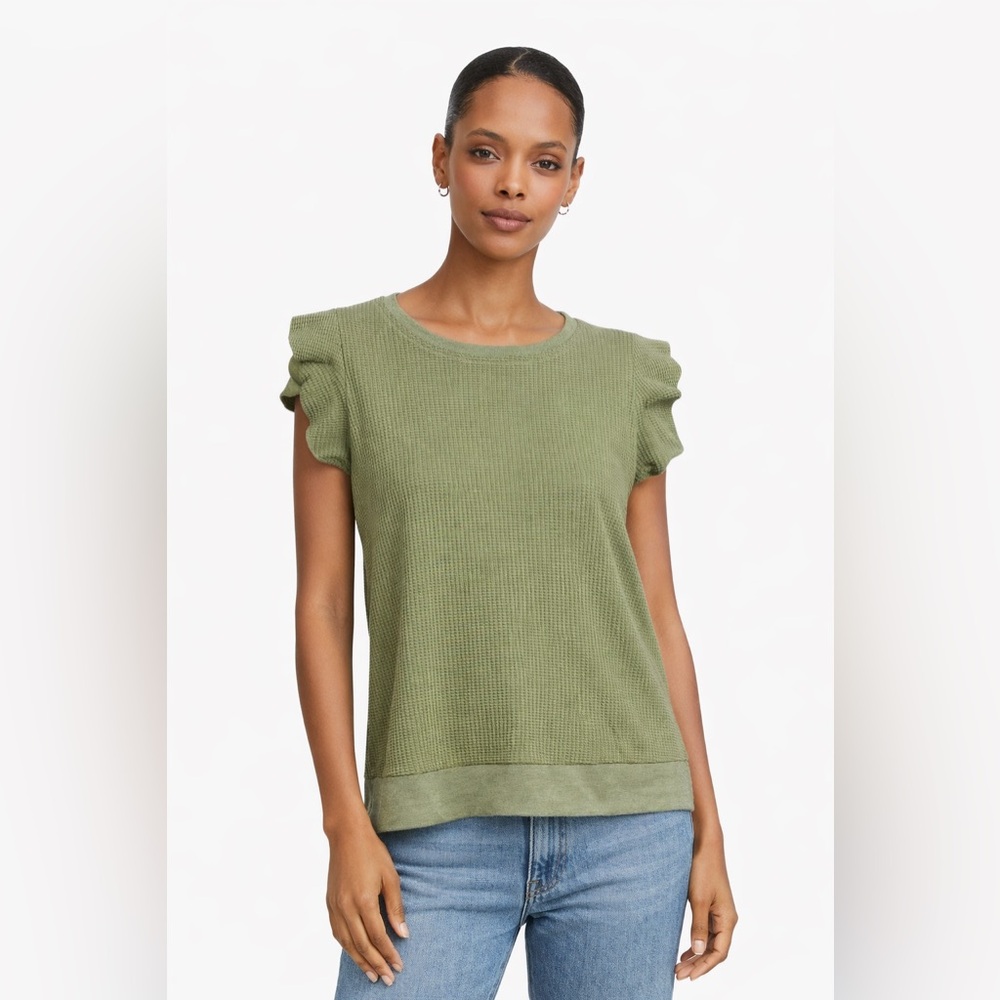 ✨ LILLA P Olive Waffle Knit Top Small Ruffle Sleeve Casual Chic ✨